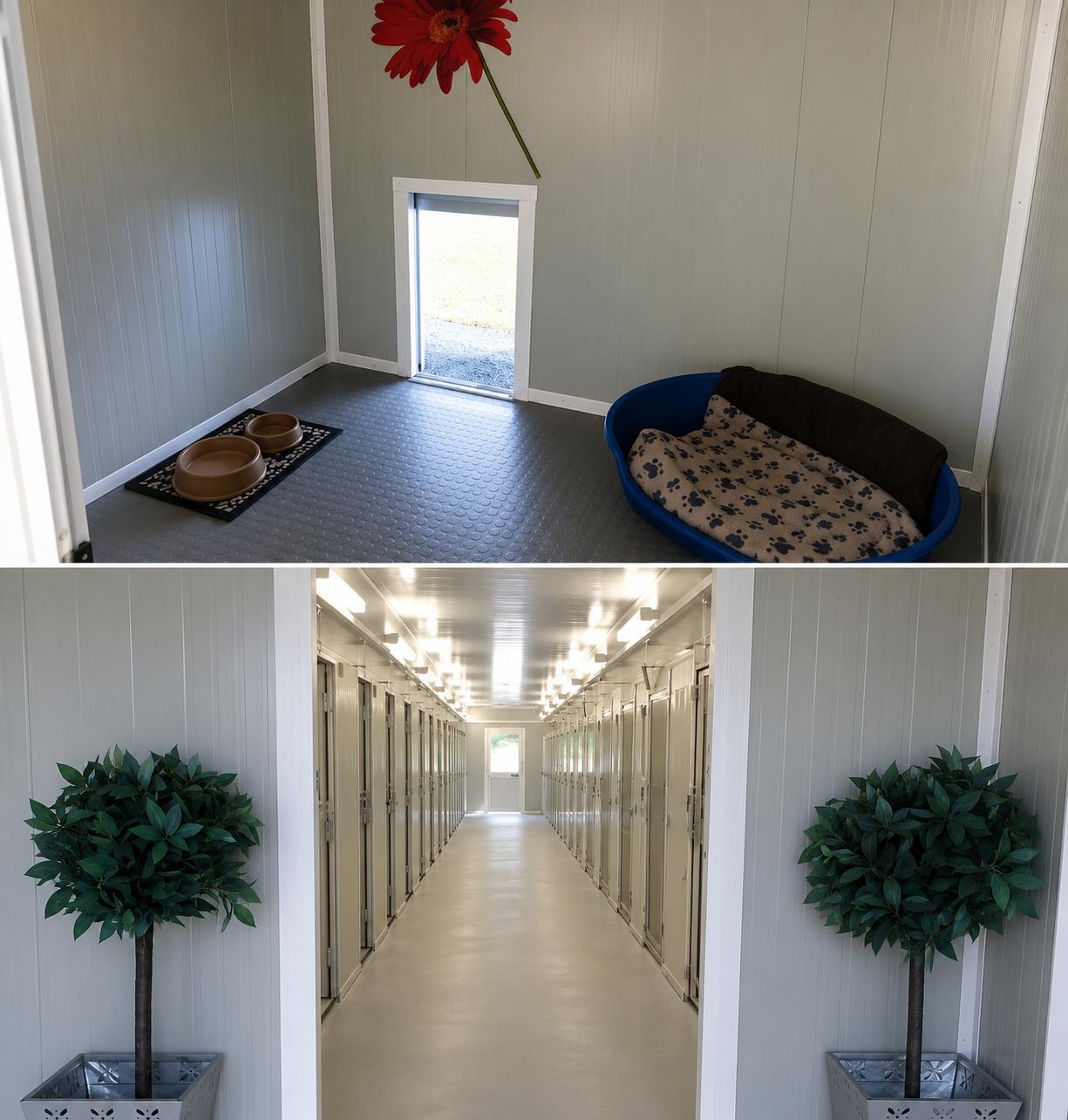 Clean, modern kennel interior and hallway